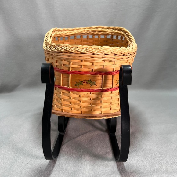 Handwoven Sleigh Basket Hand Painted Holly Band Cozy Cottage Holiday Decor - Picture 2 of 12